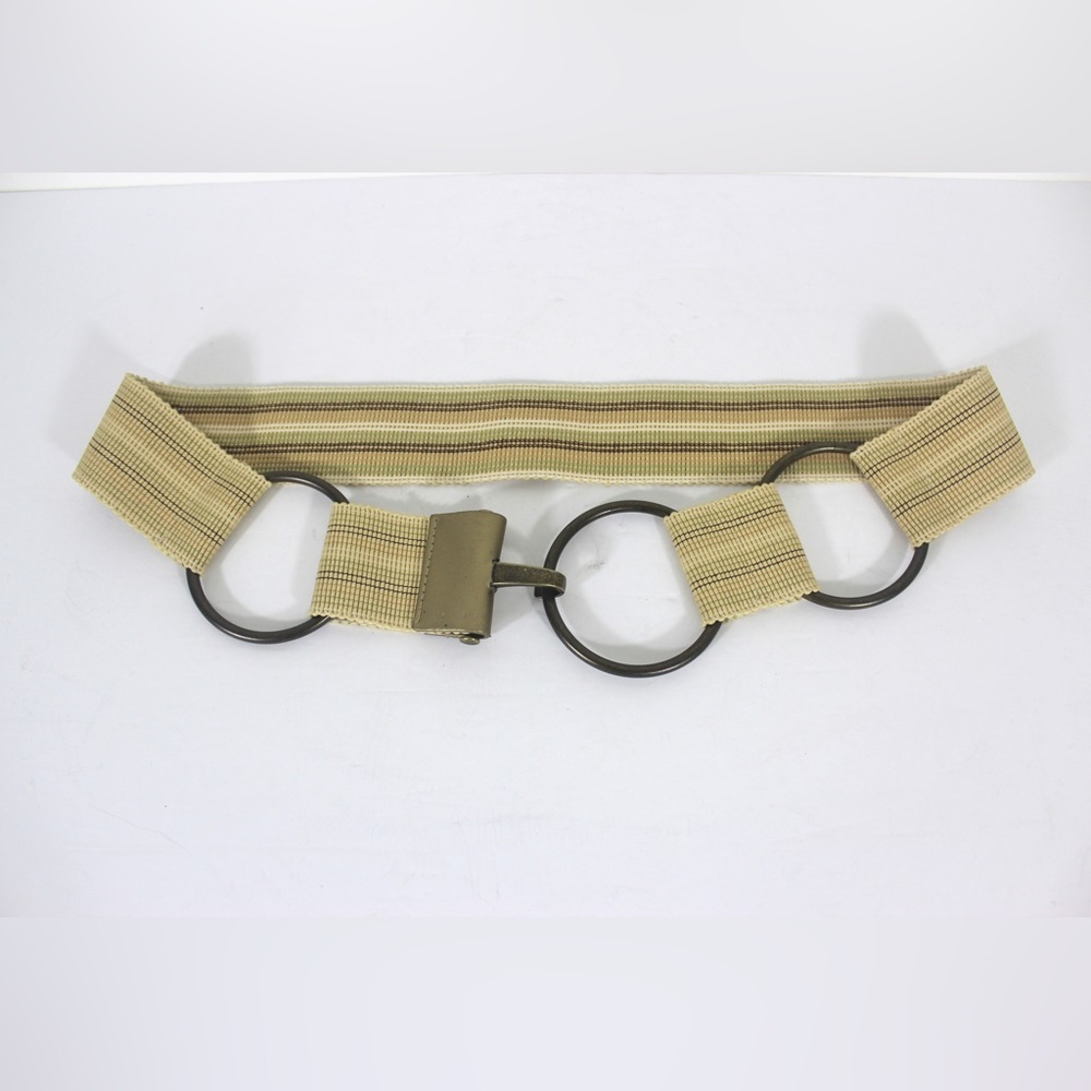 Cream Summer Stretch Belt with 3 Brass Rings Platinum Faux Leather Buckle Stripe